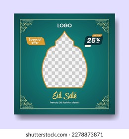 Eid fashion sale banner and social media post Template, Ramadan Kareem theme Sale square flyer and banner. Big sale bundle Eid ads post, Greeting card Islamic background design with Lantern, Half Moon