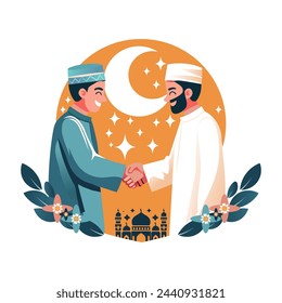 Eid Festival Happy Muslim People, Celebrate Holy Month Ramadhan, Eid Mubarak Greeting Illustration