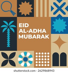 Eid festival illustration with star tiles, arches, palm, ram, mosque dome and banners in colorful Islamic style.
