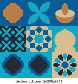Eid festival illustration with star tiles, arches, palm, ram, mosque dome and banners in colorful Islamic style.
