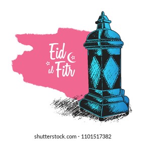 Eid Fitr free hand drawing sketch of blue lanten pink brush. Vector illustration for ramadan poster, flyer, greeting card, banner and template
