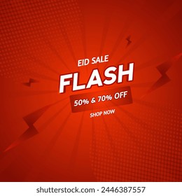 Eid flash  sale banner poster 50% and 70% off 3d text on red background  banner template design shopping or business promotion, campaign 