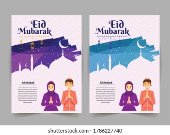 Eid Flyer Template, Eid Mubarak with Islamic calligraphy greeting card, Man and woman praying in Eid festival, Eid al Adha Mubarak eps 10