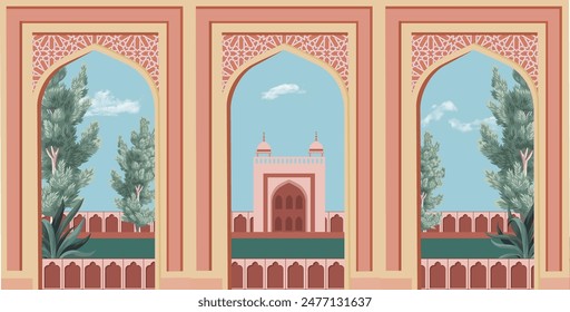 Mezquita Eid Gah, lugar de oraciones Eid, mezquita mogol. árboles tropicales decorativos. Ilustración vectorial.
