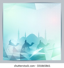 Eid greeting background for islamic celebration - camel and mosque
