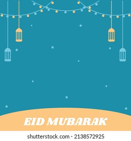 eid greeting card with blue background and sand color with lantern and stars lamp flat vector illustration design