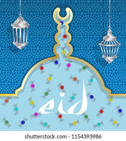 Eid greeting card with bonbons and lanterns on mosque dome. All the objects are in different layers and the text types do not need any font. 