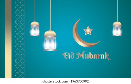 Eid greeting Card Illustration with lanterns and Crescent Moon Vector. Ramadan, Islamic Background Design