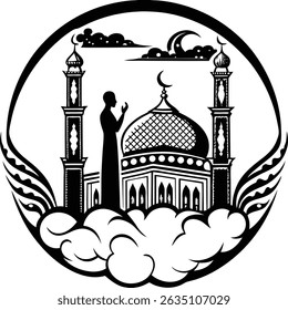 Eid greeting card. Silhouette of Muslim man praying in front of mosque.