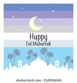 Eid greeting card. The size of the square, the design of the white silhouette of the mosque, with a palm tree as a background, a round crescent, stars and stripes of purple, light blue, gray. simple d