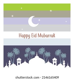 Hintere Grußkarte. Die Größe des Quadrats, die Gestaltung der weißen Silhouette der Moschee, mit einer Palme als Hintergrund, ein runder Halbmond, Sterne und Streifen von violett, hellblau, grau. einfach.