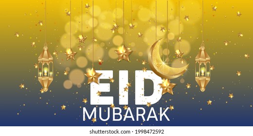 Eid greeting card and wallpaper. Eid Mubarak typography Islamic background. Eid Mubarak Islamic background template with stars, lanterns, and moon.