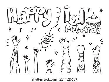 Eid Grußkarten mit verschiedenen gewebten Doodle-Stilen.cartoon-Illustration. 