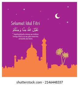 
Eid greetings in Indonesian, simple design. the orange silhouette of the mosque as the foreground. palm tree background, plus a purple sky crescent moon and stars. monochromatic