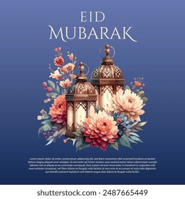 eid greetings with lamp and flower