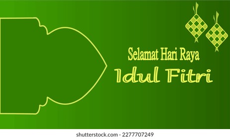 Saludos de Eid con un sencillo tema verde y una bonita decoración de ketupat