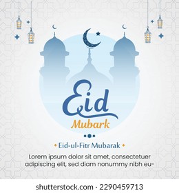 Eid Gruß in englischer Kalligrafie übersetzt (Happy Eid al Fitr), mit Moschee Blue Hintergrund-Thema 