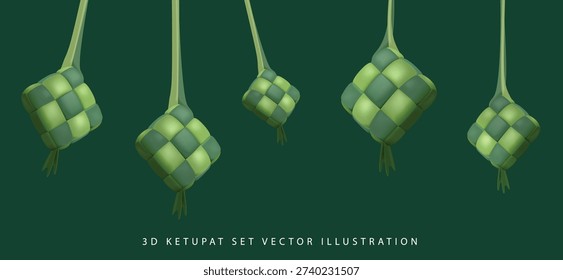 Eid Hanging Ketupat 3D Vector Set in Green Ioslated Background. Islamic Ornament Ketupat Collection