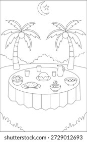Eid Iftar Abendessen Malvorlagen mit Moschee Mond und Palmen islamische Kinder druckbare Vektor Linie Kunst