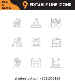 Eid, Islamic , Kaaba and Mosque Icons Set in Outline vector Format.