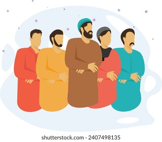 Eid Jamaah or Jamat Concept, Group of Muslims Offering festival prayer vector Design, Ramadan and Eid al-Fitr Symbol, Islamic and Muslims fasting Sign, Arabic holidays celebration stock illustration