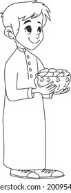 Eid joy. A boy carrying the sweetness of Eid. Happy boy holding candy. Muslim Arab child . coloring page
