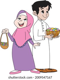 Eid joy. A boy and a girl carry the sweetness of Eid. Happy brother and sister carrying sweets. Arab kids