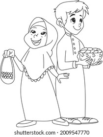 Eid Joy. A Boy And A Girl Carry The Sweetness Of Eid. Happy Brother And Sister Carrying Sweets. Arab Kids . Coloring Page