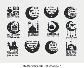 Eid logo bundle, Islamic mosque, silhouette, logo design bundle, Eid festival, Eid  Mubarak, Vector illustration, celebration, Crescent Moon Design, Animal, holiday, greeting, typography,