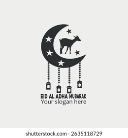 Logotipo de Eid, mezquita islámica, silueta, diseño de logotipo, diseñador, Eid Mubarak, Ilustración vectorial, celebración islámica, linterna y ovejas, Animal, fiesta, saludo, tipografía, mezquita, musulmán,