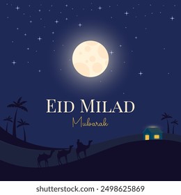 Eid Milad Mubarak! Celebrate with a desert theme backdrop, where golden dunes meet the vast horizon, symbolizing the timeless journey of faith and the warmth of this blessed occasion.