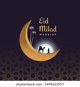 Eid Milad Mubarak! Celebrate on a dark purple background where a crescent moon forms a desert scene with palm trees and a man walking with a camel, symbolizing a spiritual journey.