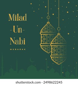 ¡Eid Milad Mubarak! Bajo un cielo verde oscuro adornado con estrellas centelleantes y lámparas colgantes, una mezquita se encuentra iluminada, simbolizando la luz y las bendiciones de esta celebración sagrada.