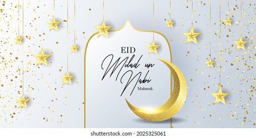 eid Milad un Nabi mubarak The Prophet's Birthday. Greeting card with Crescent, stars, template for menu, invitation, poster, banner, card for the celebration of Muslim community festival. 3d