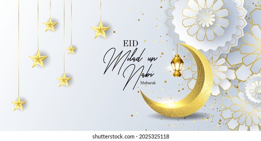 eid Milad un Nabi mubarak The Prophet's Birthday. Greeting card with Crescent, stars, template for menu, invitation, poster, banner, card for the celebration of Muslim community festival. 3d