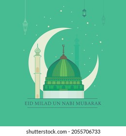 EID Milad Un Nabi Mubarak. A creative abstract with beautiful design illustration of green mosque and moon in a background with the text of EID Milad Un Nabi Mubarak (Translation Birth of the Prophet)