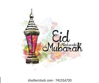 Eid Milad Un Nabi Mubarak design poster with watercolor splash sketch and lamp in vector illustration.