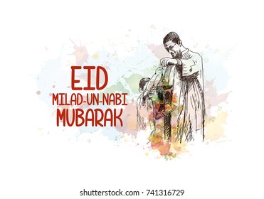 Eid Milad Un Nabi Mubarak design poster with watercolor splash sketch and lamp in vector illustration.
