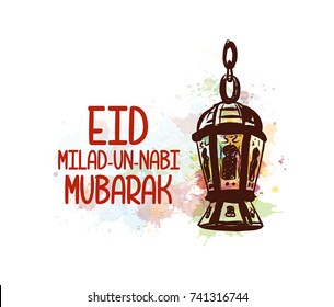 Eid Milad Un Nabi Mubarak design poster with watercolor splash sketch and lamp in vector illustration.