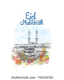 Eid Milad Un Nabi Mubarak design poster with watercolor splash sketch and Mecca Madina Saudi Arabia in vector illustration.