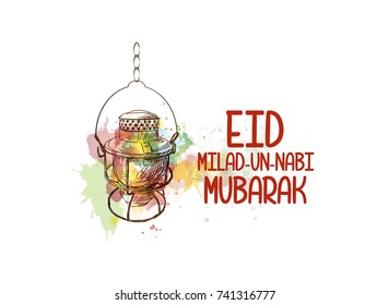 Eid Milad Un Nabi Mubarak design poster with watercolor splash sketch and lamp in vector illustration.