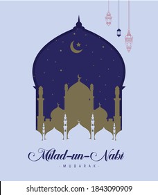 eid milad un nabi (Translation Birth of the Prophet) design with moon and mosque