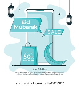 Eid Mobarak Online Sale Border Islamic art Style Background Symbols of Ramadan Mubarak Hanging Gold Lanterns Arabic lamps lanterns moon star. vector illustration.