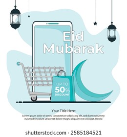 Eid Mobarak online sale and Luxury islamic greeting card. vector illustration.