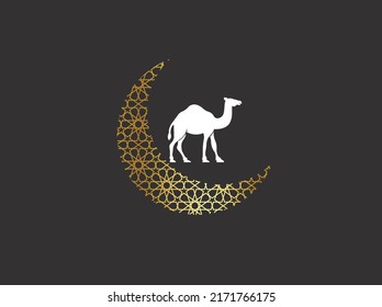 Eid moon with camel. Eid ul adha design template. Eid gratings card. vector illustrations