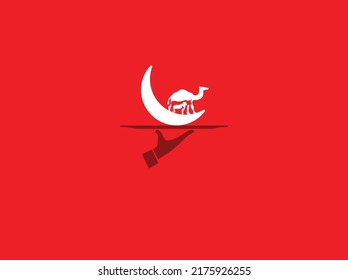 Eid moon and sheep, camel, cow and goat on hand. The sacrifice a camel and serve for Eid Al Adha. Celebration of Muslim holiday Background. vector illustrations.