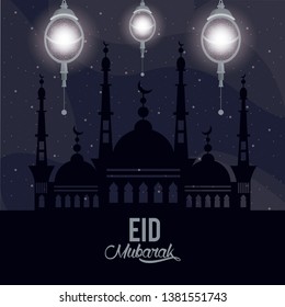 eid mubarack design with mosque and islamic lamps