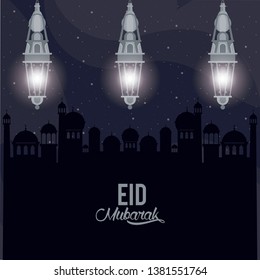 eid mubarack design with mosque and islamic lamps