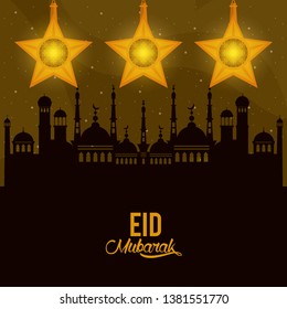 eid mubarack design with mosque and islamic lamps