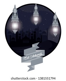 eid mubarack design with mosque and islamic lamps round icon